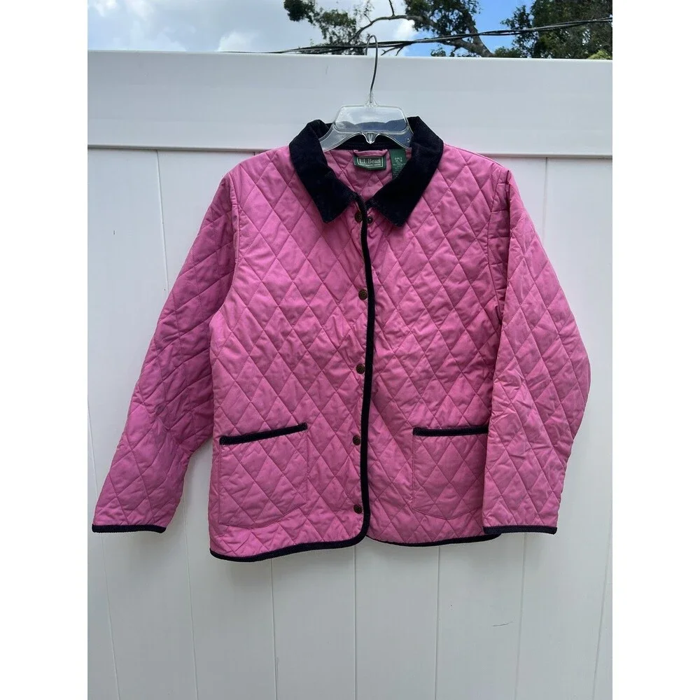 LL Bean Girls XL (18) Quilted Jacket Pink Corduroy Collar Snap Up Thermal